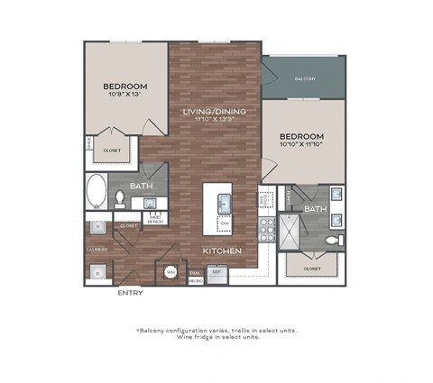 Floor plan for 2 beds, 2 baths, 1113 sqft